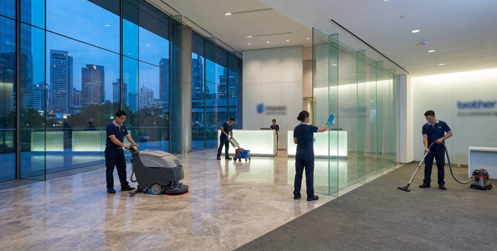 Commercial cleaning crew vacuuming and mopping a modern office lobby with glass walls